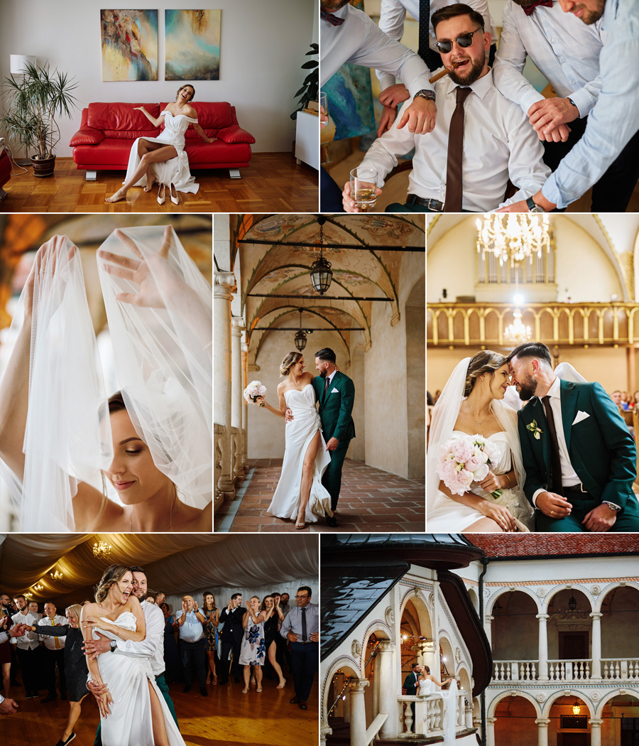 Kolaż złożony z siedmiu zdjęć przedstawiający parę młodą w czasie przygotowań ślubnych, sesji w dniu ślubu na zamku w Baranowie Sandomierskim i wesela